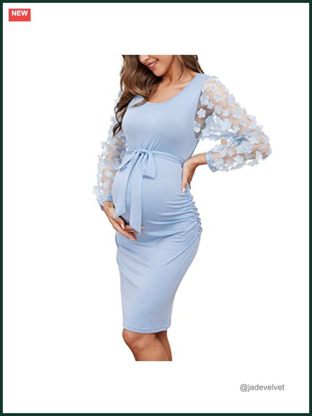 Floral Mesh Bishop Long Sleeve Maternity Midi Dress Ruched Bodycon Baby Shower
